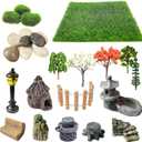 Cayway 26 PCS Outdoor Fairy Garden Miniatures Mini Zen Garden Accessories, Artificial Grass, Model Trees, Terrarium Ornaments, Dollhouse Supplies, Bonsai Decorative Craft Tools Kit