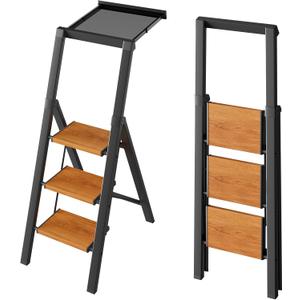 Taranta Step Ladder,3 Step Ladder Foldable with Handrail-Black Woodgrain
