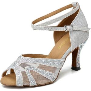 Rhinestones Ballroom Dance Shoes Women Latin Salsa Bachata Performance Dance Shoes Suede Sole (9, Silver-2.5inch Heels)