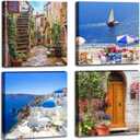 Santorini Greece Canvas Wall Art, Nature Landscape Pictures Print Rustic Scenic Paintings for Bedroom Living Room Office, Wall Decor Modern Artwork (16x16inches*4pcs)