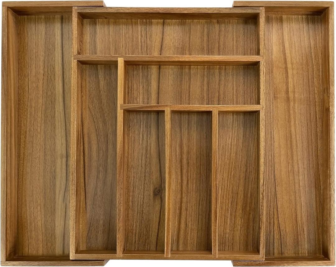 Luxury Acacia Kitchen Drawer Organizer - Silverware Organizer - Utensil Holder and Cutlery Tray with Grooved Drawer Dividers for Flatware and Kitchen Utensils (8 Slot), 17*12.4*2 inch