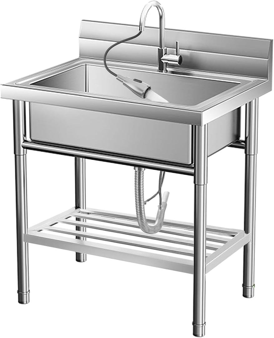 Stainless Steel Commercial Utility Sink,Free Standing Single Bowl Pull-Down Faucet Heavy Duty Sink for Restaurant Bar Laundry - Hot & Cold Water Indoor & Outdoor (Silver)