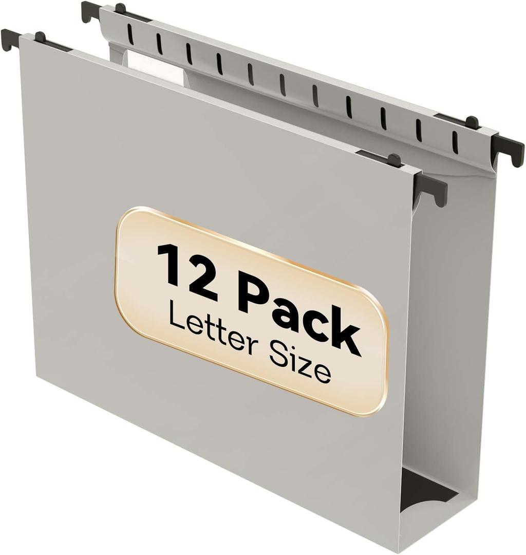 Nordun Extra Capacity Plastic Hanging File Folder Letter Size, 12 Pack Reinforced Hang Folders with Heavy Duty 2 Inch Expansion, Durable Hanging Organizer Designed for Bulky Files(Grey)