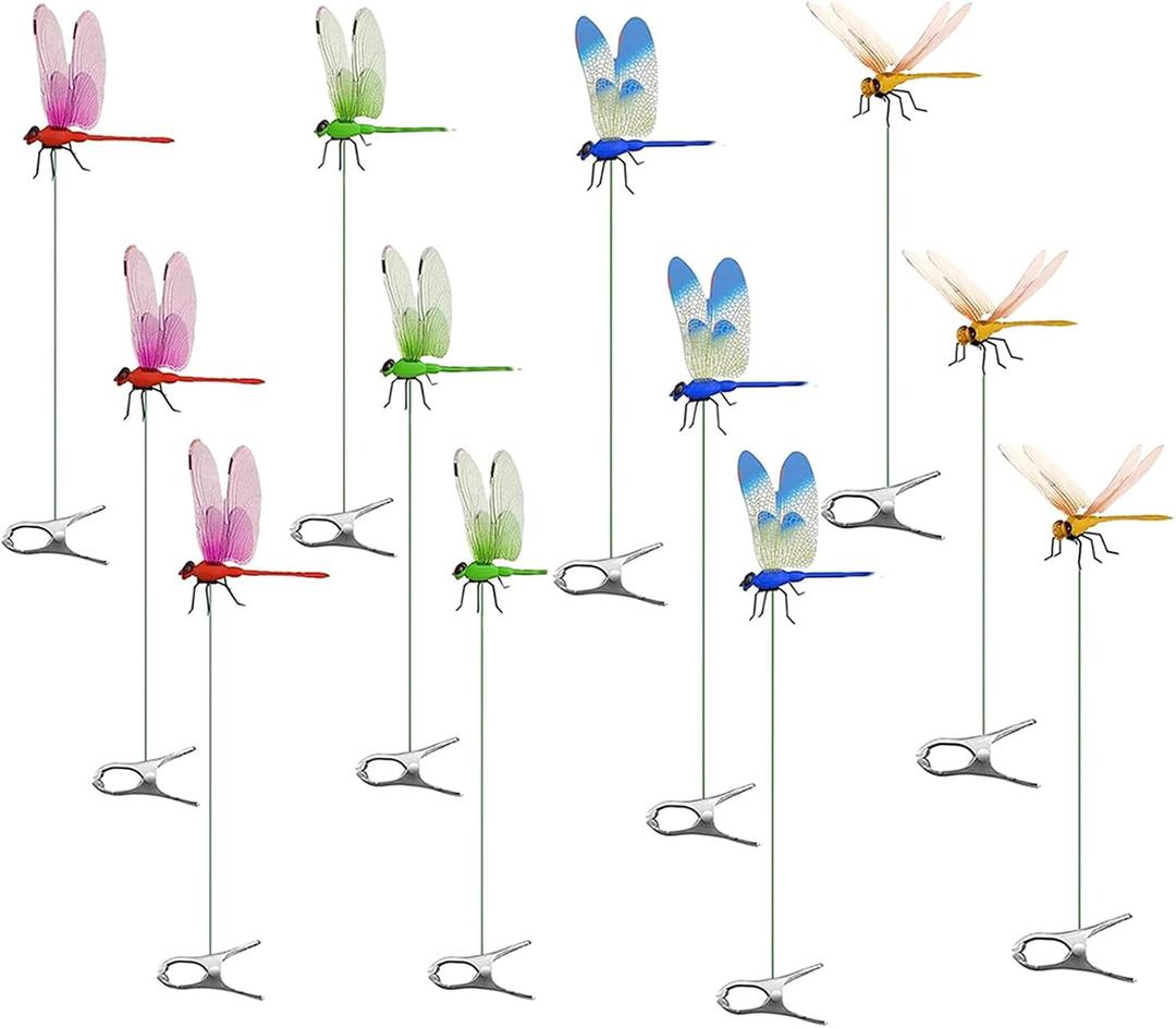 12 Pack Dragonfly Clip,Fake Dragonflies, Humming Bird Stakes Fake, Plastics Dragonfly for Garden Stakes Decor Yard Ornaments for Hat,Deer and Horse,Fly Scare Devices for Indoor Outdoor