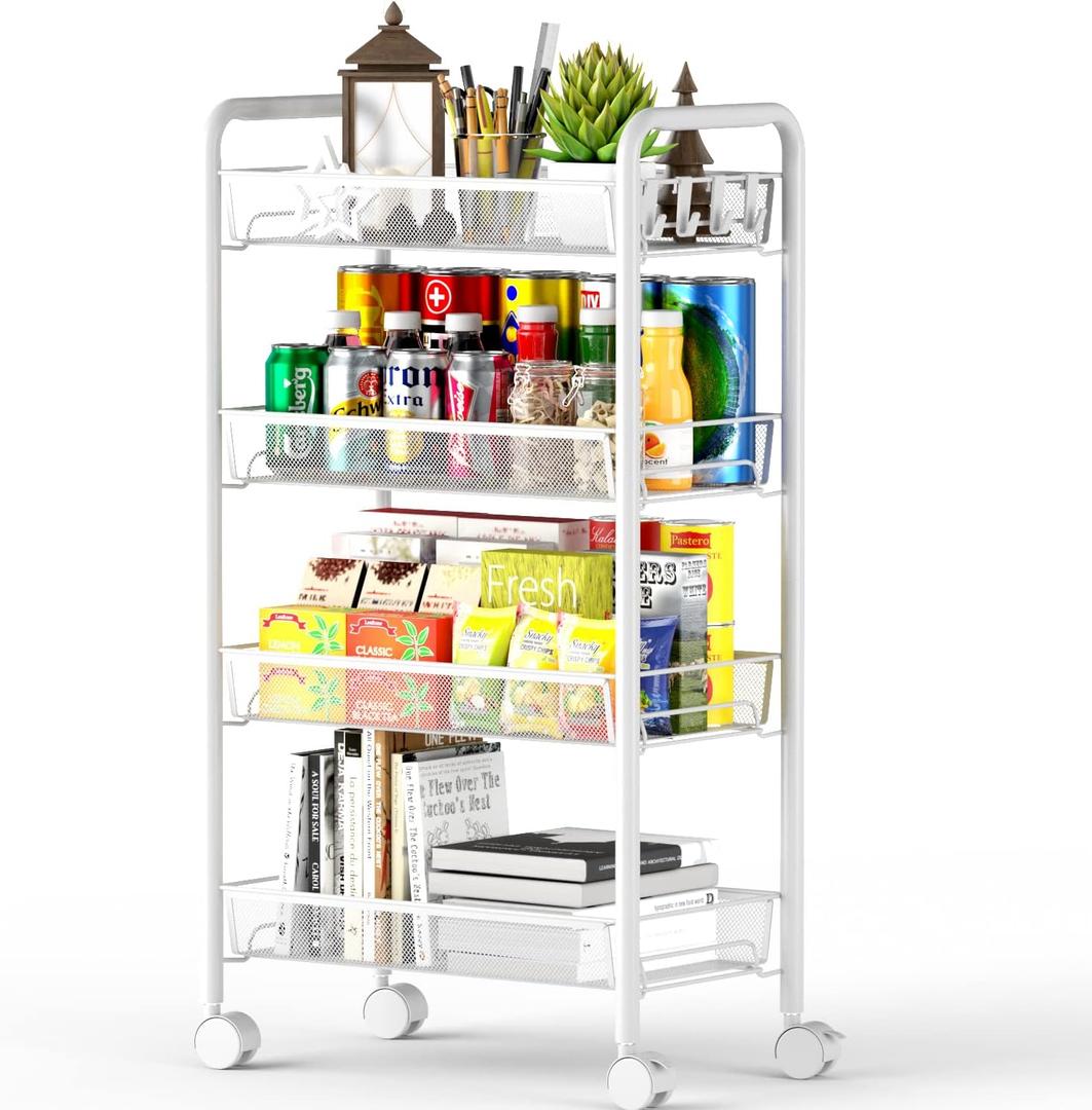 OVICAR 4 Tier Mesh Wire Rolling Cart, Kitchen Storage Organizer Utility Cart, Full Metal Basket Storage Art Trolley Carts with Wheels & 4 Side Hooks (White)
