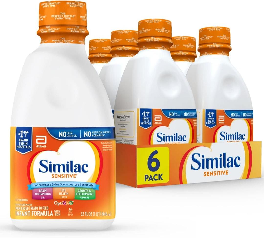 Similac Sensitive Infant Formula, for Fussiness & Gas Due to Lactose Sensitivity, Ready-to-Feed Baby Formula, 32-fl-oz Bottle, Pack of 6, BBD 09/1/2026