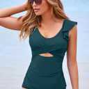 Aleumdr Two Piece Tankini Swimsuits for Women Cutout Tummy Control Bathing Suit Ruffled V Neck Tank Tops with Bottom (Green, S)