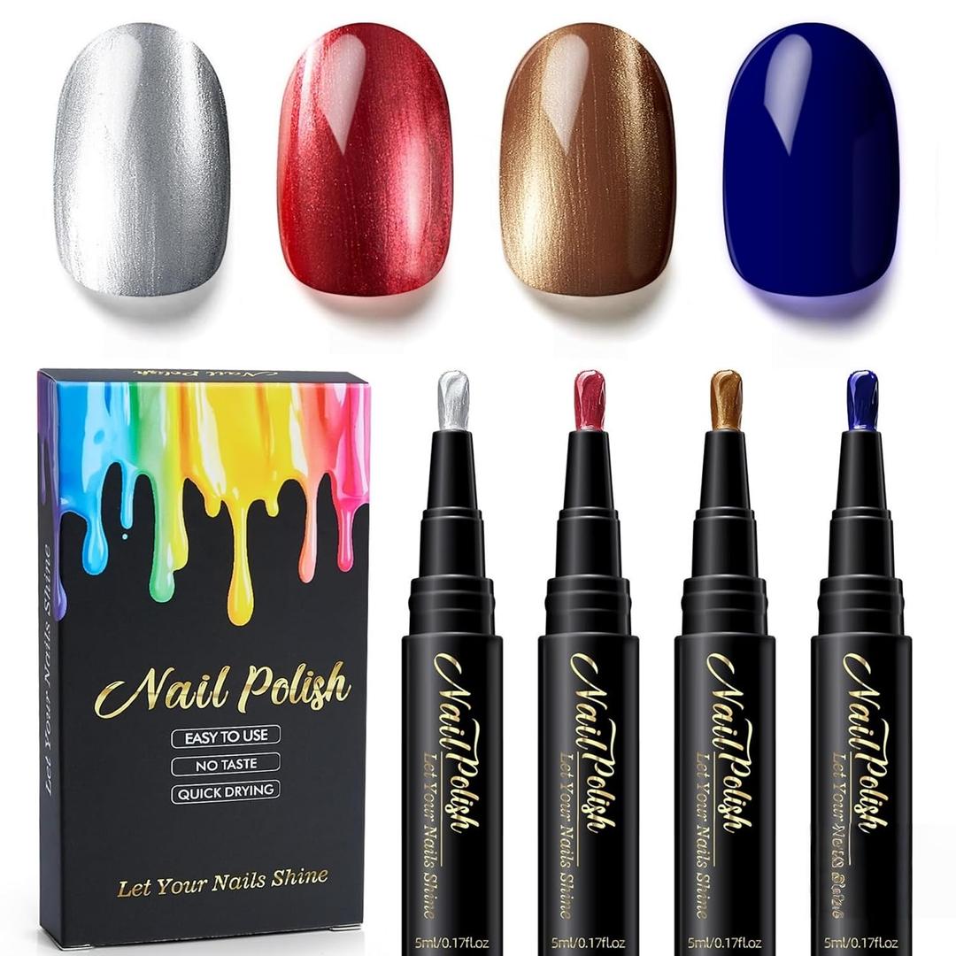Nail Polish Pen Set 4 Colors | Silvery Red Brown Blue | Quick Dry Nail Art Pens | No UV Lamp Needed | Water Based Nail Art Paint | Easy Control Brush Tip for Women DIY Manicure | 5ML Each