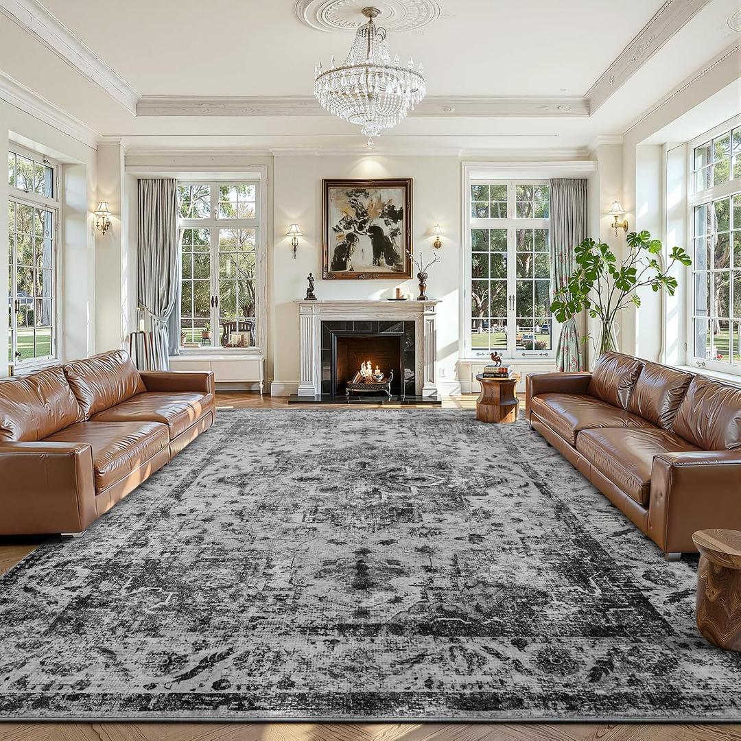 YOH Boho Washable Rug 9x12, Black Vintage Non Slip Area Rug, Distressed Indoor Carpet for Living Room Bedroom Kitchen Office