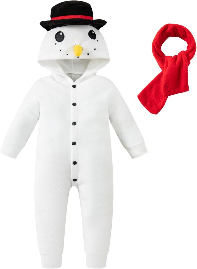 Auggle Christmas Baby Onesie Snowman Plush Cosplay Costume Suit with Scarf (9-12Months, White)