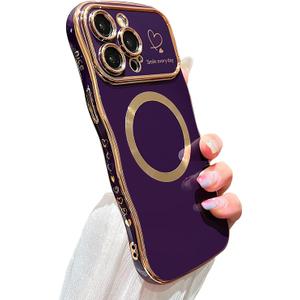 for iPhone 15 Pro Max Case Magnetic,for Women Girls Soft Cute Wave Frame Curly Shape Love Heart Luxury Plating Phone Case Compatible with MagSafe Shockproof Back Cover 6.7"-Dark Purple