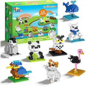 Mini Animal Building Blocks 12 Pack, No Duplicates, Individually Boxed with Instructions, Party Favors for Kids 6-12, Classroom Prizes & Prize Box Rewards, Goodie Bag Stuffers, Easter Egg Fillers