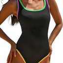 popvil One Piece Swimsuit Tummy Control Womens Bathing Suits Modest Curvy Neon Sexy Sport Swimwear Size S (Black)