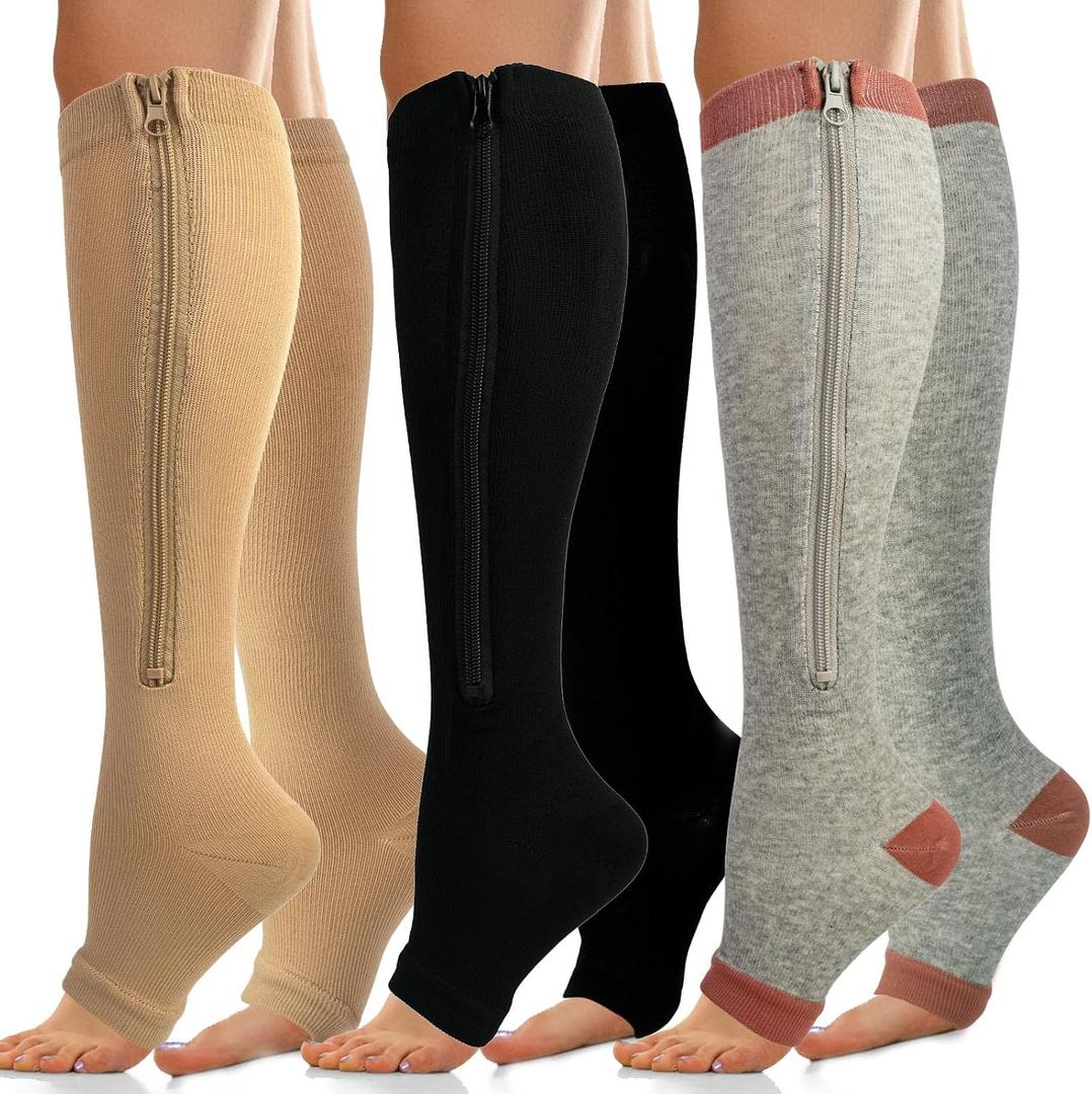 3 Pairs 15-19mmHg Zipper Compression Socks for Women and Man,Open Toe Compression Socks with Zipper for Sports, Travel, Pregnant and office Workers (S-M)