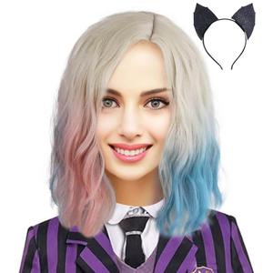 Enid Sinclair Wigs with Headband Curly Blonde Pink Blue Wigs for Halloween