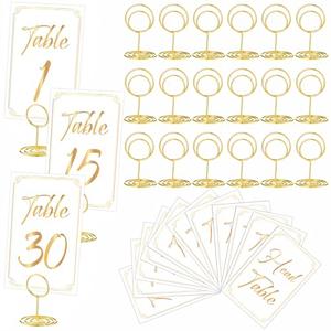 Thenshop 31 Sets Table Number Cards with Holders, 1-30 Numbers Head Table Card 2" Place Holder Stand for Wedding Anniversary Birthday Restaurant(Round,White, Gold)