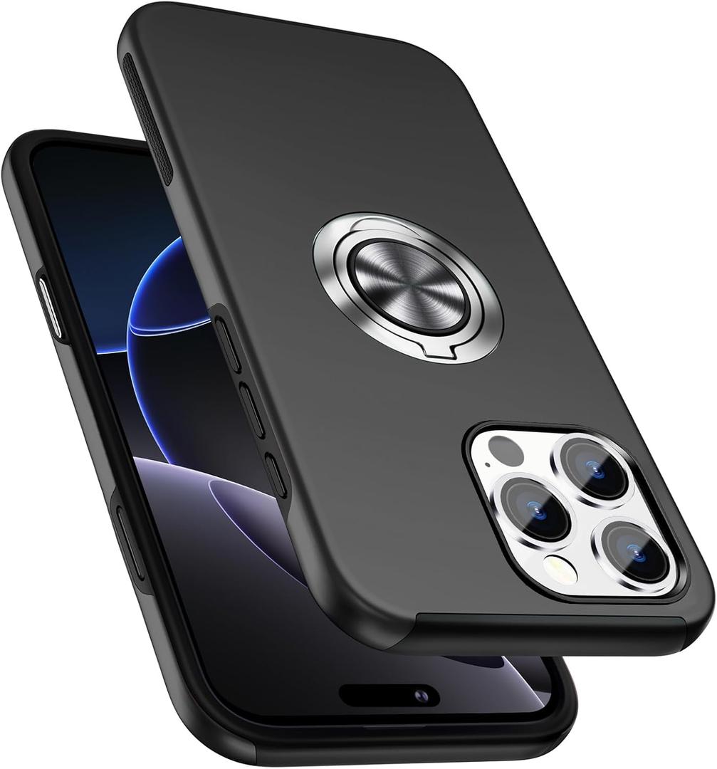 PELEPUES Shockproof Case for iPhone 16 Pro Max, [Embedded Finger Ring] Military Grade Phone Case Cover with Reinforced Metal Stand Kickstand [Support Magnetic Car Holder] for iPhone 16 6.9'', Black
