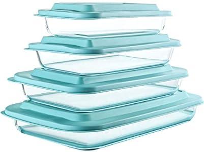 8-Piece Deep Glass Baking Dish Set with Plastic lids, Rectangular Glass Bakeware Set with Lids, Baking Pans for Lasagna, Leftovers, Cooking, Kitchen, Freezer-to-Oven and Dishwasher, Green