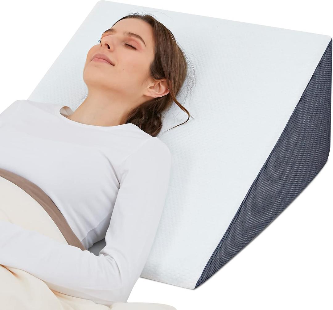 Bed Wedge Pillow for Sleeping, 10" 24" 24" Triangle Pillow Wedge, Cooling Memory Foam Top, Elevated Support Wedge Pillow - Removable Washable Cover, Gray White