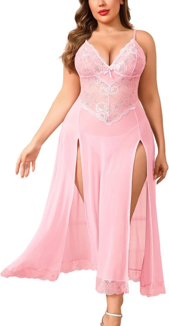 Avidlove Plus Size Lingerie for Women Sexy Lace Babydoll Long Lingerie Dress Side Split Nightgown (4X-Large, Pink)