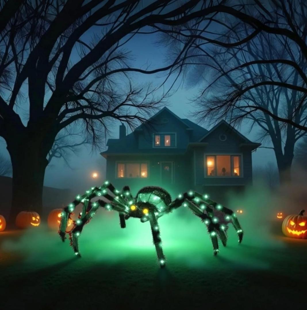 4.2Ft Giant Spider Halloween Decorations Outdoor 52" Light Up Spider with 90 LED Lights for Front Yard, Porch, Garden, Lawn, Halloween Party (Green) (Zz-002)