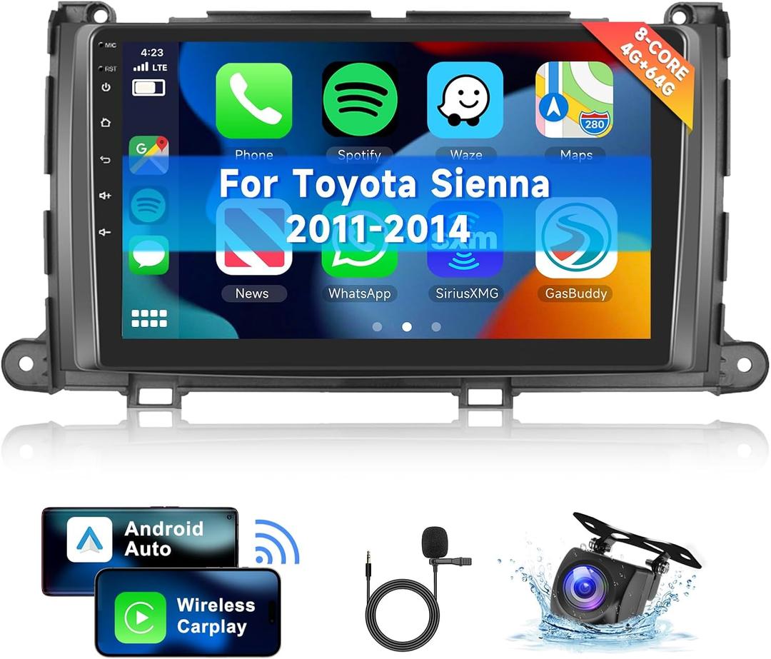 [8 CORE 4G+64G] for Toyota Sienna 2011-2014 Car Radio with Wireless Carplay/Android Auto, 9 Inch Android 13 IPS Touch Screen Car Stereo, Bluetooth, GPS, WiFi, SWC, DSP + HD Backup Camera