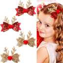 4 Pcs Christmas Hair Clips Xmas Bow Hair Accessories Cute Reindeer Antlers Ears Glitter Sequins Hair Barrettes Holiday Headdress Hairpin for Girls Women Kids Party Cosplay Gift