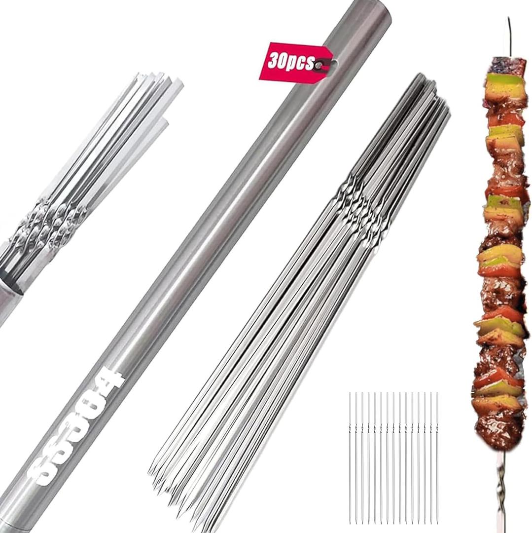 30-PACK 304 Stainless Steel with HolderTitan Skewers for Grilling  Flat BBQ Skewers with Storage Tube | Food-Grade, Rust-Proof & Dishwasher Safe | 13.2" Kebab Sticks for Meat, Veggies & Shrimp