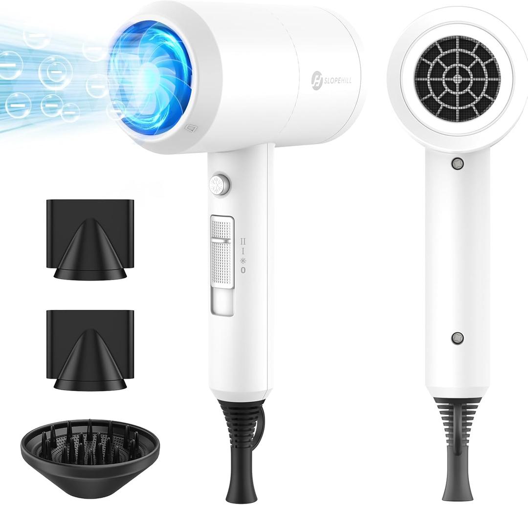 Professional Ionic Salon Hair Dryer, Slopehill Powerful 1800W Fast Dry Low Noise Blow Dryer with 2 Concentrator Nozzle 1 Diffuser Attachments for Home Salon Travel (White) (White)