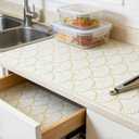 Shelf Liners Non Adhesive Gold Background White Fan-Shaped Pattern Thickened Non Slip Easy to Clean Drawer Liner for Kitchen Cabinets, Tool Box,Refrigerator,with Knife & Tape Measure,12in x 236.2in