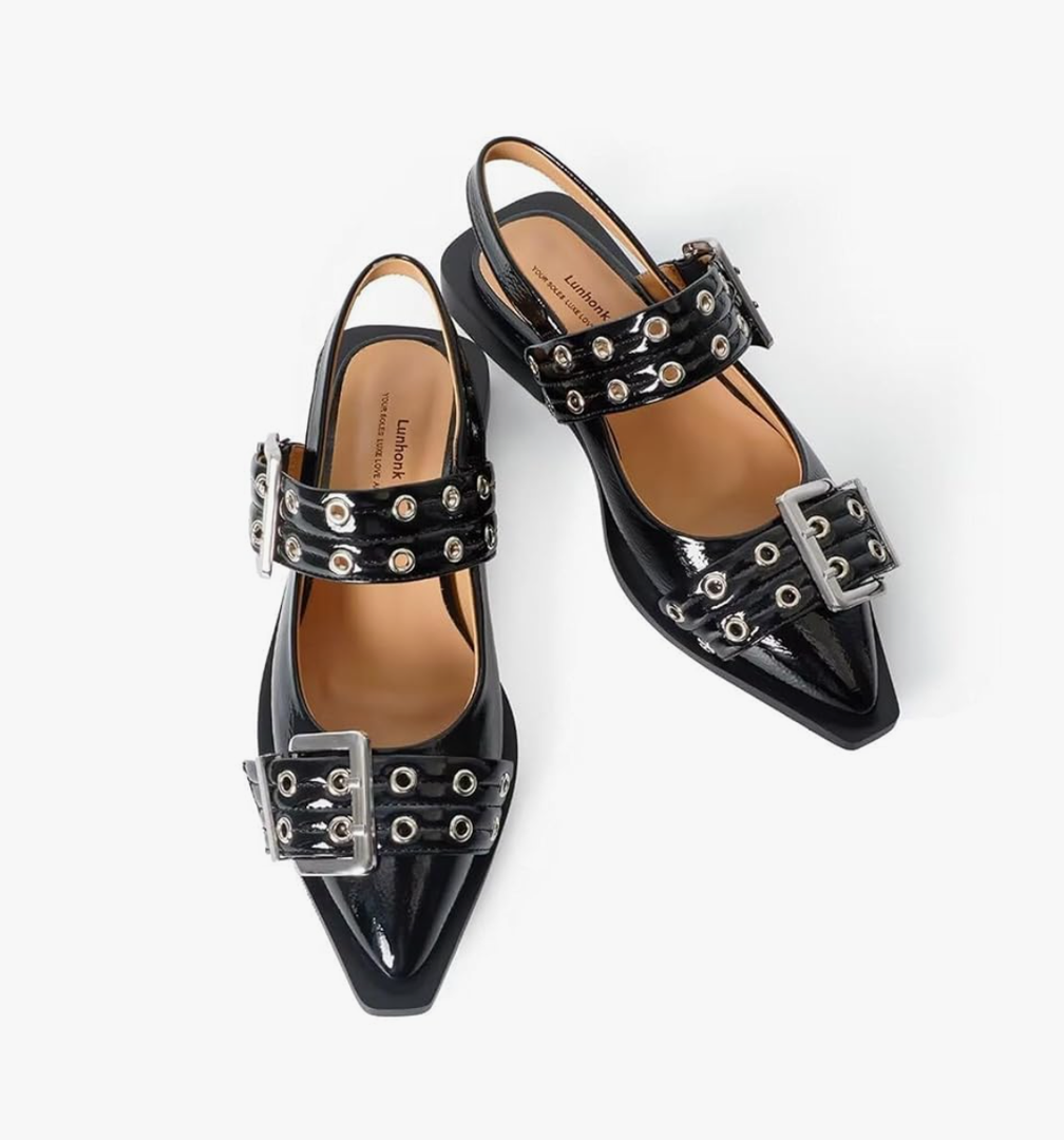 Slingback Flats for Women, Buckle Ballet Flats with Close Toe Pointed Toe Block Heel Dress Flat Shoes, size 8