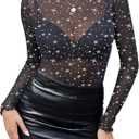 Zeagoo Womens Mesh Long Sleeve Tops Mock Neck Going Out See Through Shirts Sexy Sheer Blouses Clubwear, M
