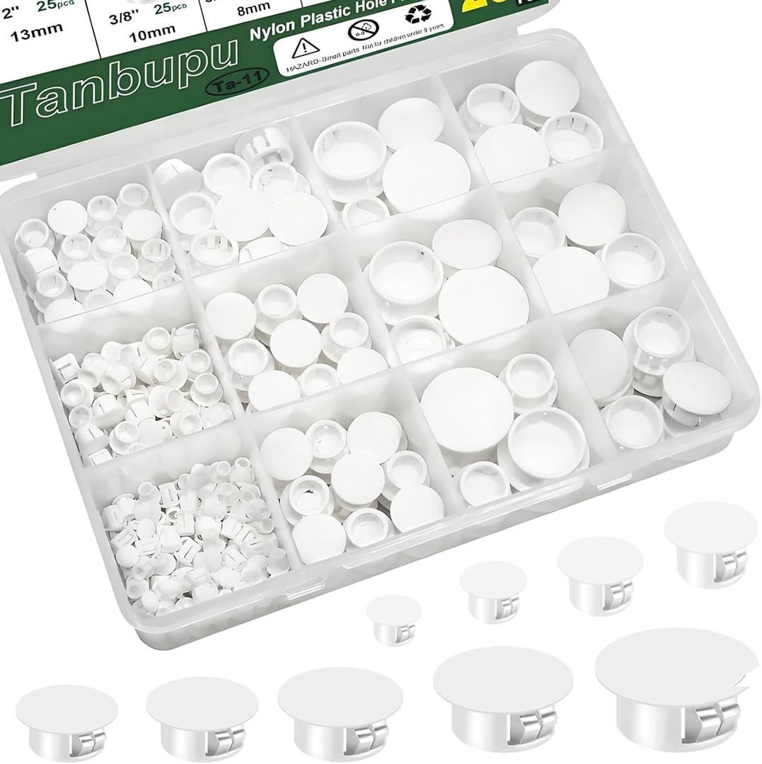 200Pcs 9 Sizes Nylon Plastic Hole Plugs 1/5" 1/4" 5/16" 3/8" 1/2" 5/8" 3/4" 7/8" 1"Round Hole, Flush Type Panel Knockout Locking Plugs,Screw Covers for Furniture Cabinet Insert End Caps(white)
