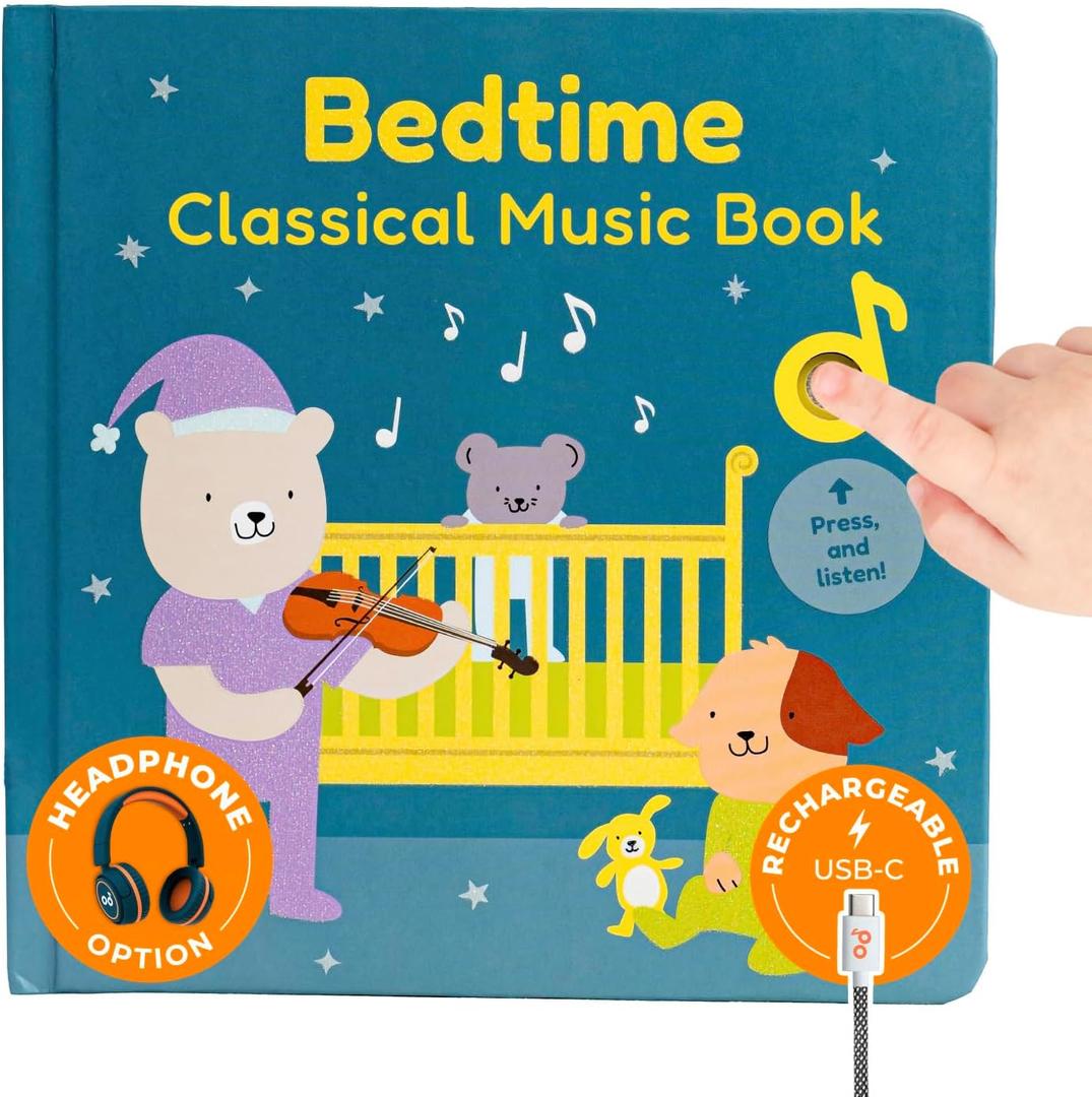 Cali's Books Bedtime Musical Book for Babies and Toddlers 1-3, USB-C Rechargeable, Headphone Jack, 6 Classical and Relaxing Pieces, Sound Book for Sleep & Relaxation