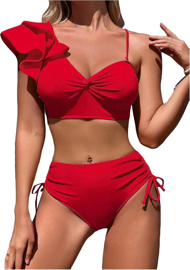 SHENHE Women's Ruffle Trim Twist Front High Waisted 2 Piece Bikini Set Swimsuit (Large, Red)