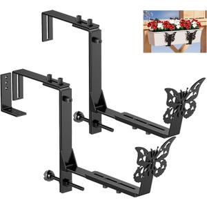 2 Pack Window Box Brackets, Adjustable Planter Box Brackets, Universal Flower Box Bracket for Deck Railing, Heavy Duty Railing Planter Bracket for Balcony, Fence and Garden - Black