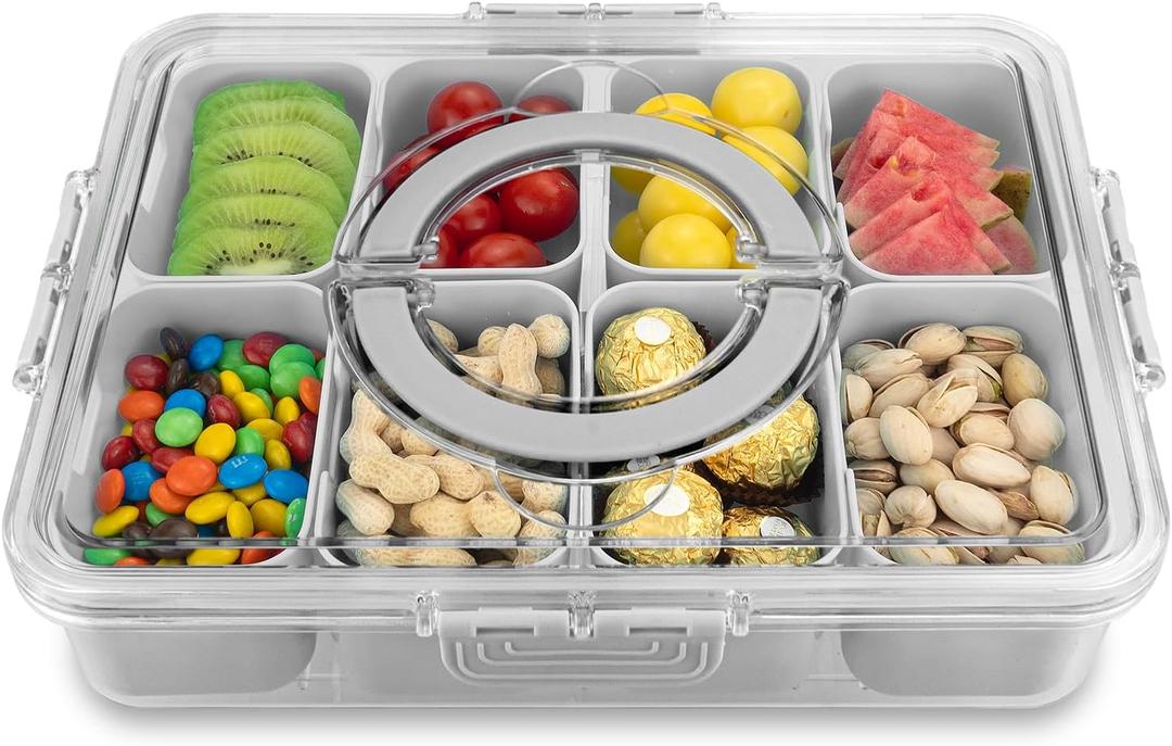 HRXFOZ Divided Serving Tray with Lid and Handle,8 Compartments Snacks Box,Snack Fruit and Veggie Tray,Portable Platter for Candy Fruits Nuts Snack Party Entertaining Picnic (1 PCS)
