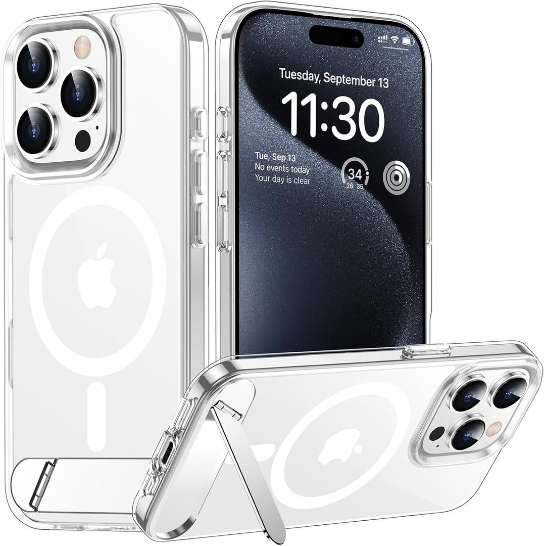 Temdan Magnetic Compatible with iPhone 15 Pro Max Case, [Built-in Invisible Kickstand][Compatible with MagSafe] [Military Grade Shockproof] Slim Thin Phone Case for iPhone 15 Pro Max 6.7"  Clear-Stand