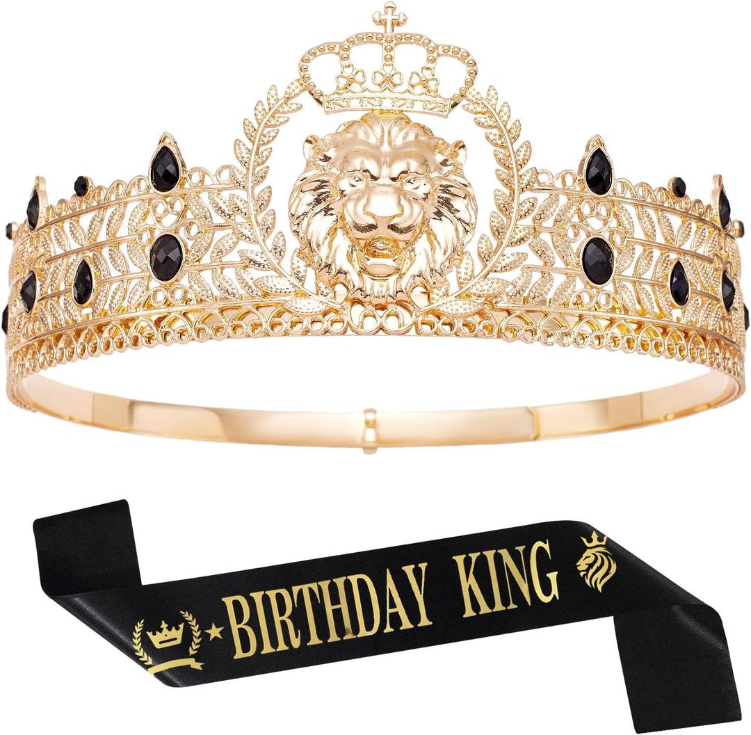 King Crown and Birthday Sash, King Crown for Men,Gold Men's Tiara Prince Diadem,Royal Medieval Cosplay Birthday Prom Halloween Hair Accessories