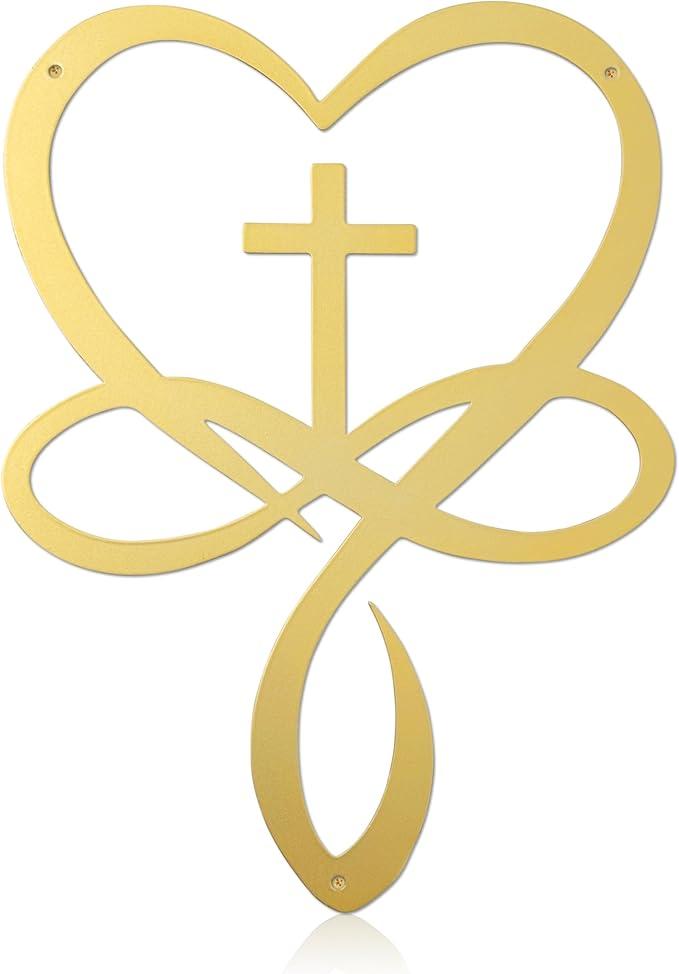 Natrlart Metal Infinity Heart Cross Wall Decor, Unique Cross Decorative Wall Art, Heart And Love Sign Wall Plaques, Love Gift For Adult Home Wedding, Decor Room Bedroom Living Room Decoration（Gold