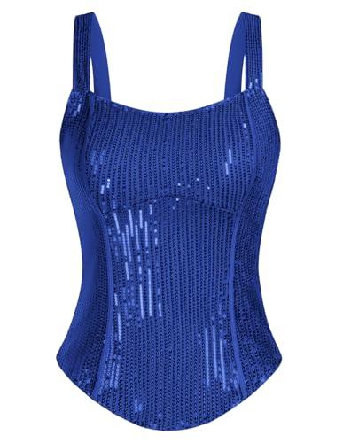 Women Bustier Corset Top Sexy Slim Tank Top Square Neck Sequin Royal Blue Summer Sleeveless Party XL