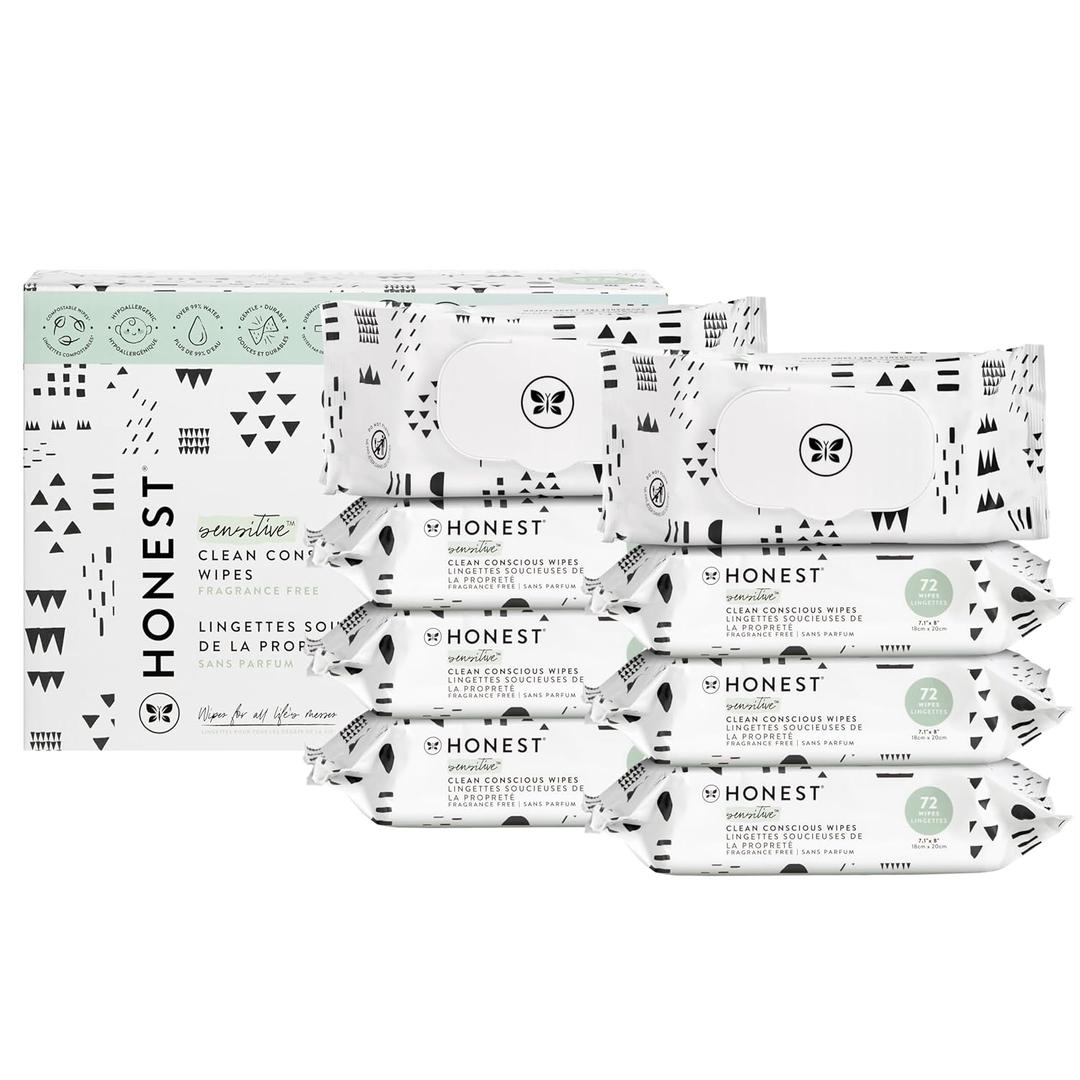 The Honest Company Clean Conscious Multi-Use Wipes | Hypoallergenic + Unscented for Sensitive Skin | Over 99% Water, Compostable, Plant Based, Baby Wipes | Pattern Play, 576 Count (72 Count (Pack of 8))