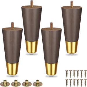 JAMIEWIN Wood Furniture Legs 6 Inch Set of 4, Wooden Sofa Leg with Gold Caps, Mid-Century Modern Replacement Feet for Couch Dresser Cabinet Coffee Table TV Stand Armchair Ottoman etc (Walnut)