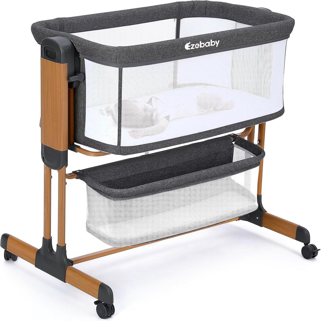 Ezebaby 3-in-1 Baby Bassinet, Rocking Baby Bassinets Bedside Sleeper, Adjustable Portable Crib for Newborn Infant with Wheels Storage Basket and Mesh Sides (Dark Gray)