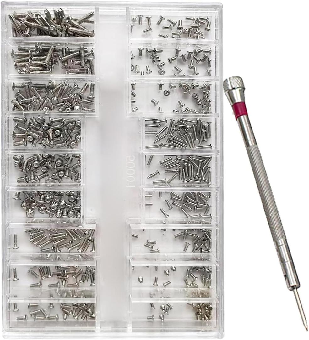 500-Piece Silver Micro Screw Repair Kit 18-Size Stainless Steel Tiny Screws with Screwdriver for Glasses, Watches, Jewelry & Electronics