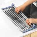 MECHEER Over The Sink Dish Drying Rack, Roll Up Dish Drying Rack Kitchen Dishes Rack Stainless Steel Sink Drying Racks, Foldable Dishes Drainer, Gray (17.5''x15.7'')