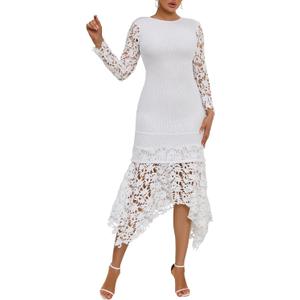 IWFEV Sequins Floor-Length Hollow Asymmetrical Women's Maxi Dress Lace Dress Party Evening Dress (Medium, White)