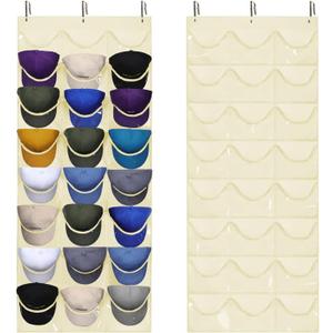 Dofilachy Hat Rack - Hat Organizer - Hat Racks for Baseball Caps, Visible Hat Holder - Baseball Hat Rack for Wall Door with 3 Hooks, 24 Deep Pockets (Beige,large)