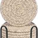 ABenkle 8 Pcs Drink Coasters with Holder, Cotton Woven Absorbent Coasters for Drinks, Minimalist Home Decor Coaster Set for Wooden Tabletop Protection Table, 4.3 inches Mixed Brown