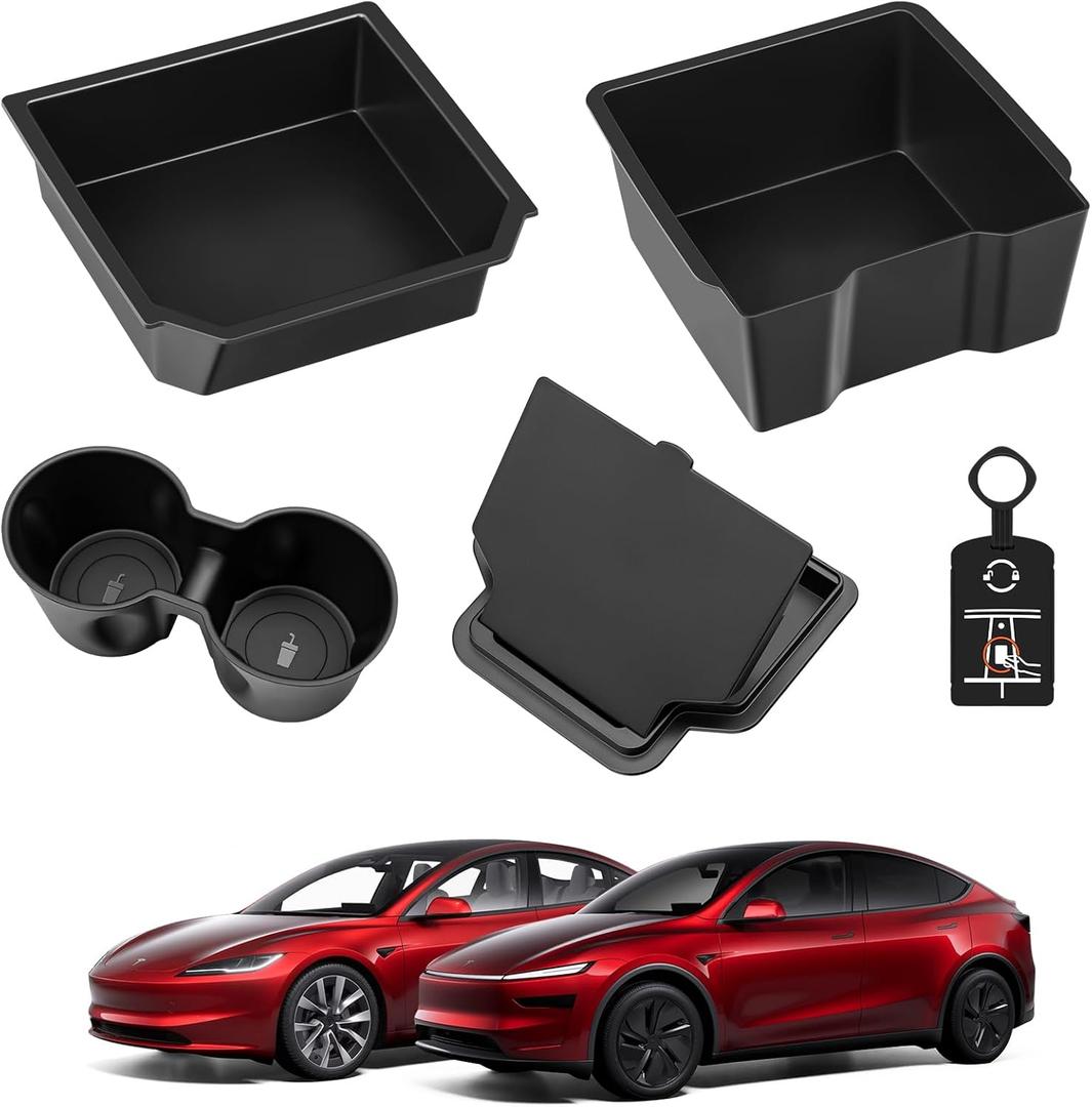 5PCS for 2026 Tesla Model Y Juniper Accessories Front and Rear Center Console Organizer Tray Cup Holder Armrest Hidden Storage Box for 2024-2025 Model 3 Highland and New Model Y (Launch Series)